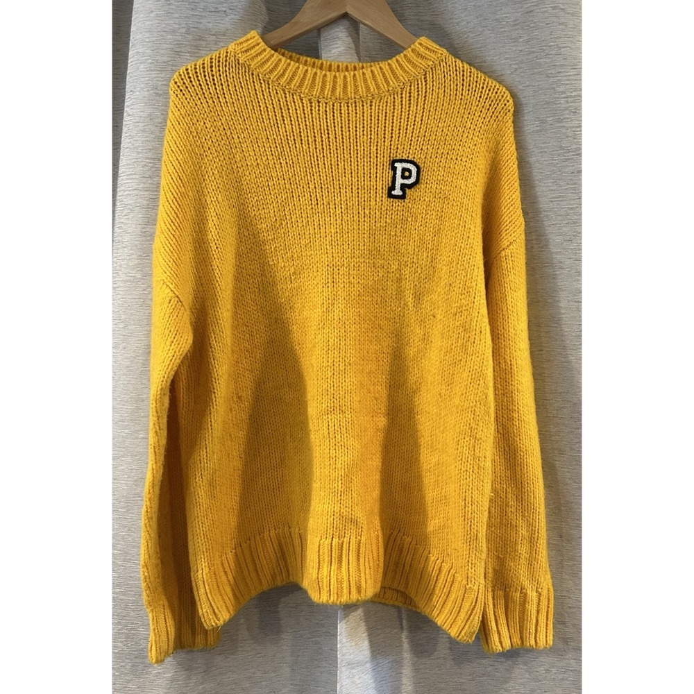 VICTORIA'S SECRET PINK Sweater M Yellow Chunky Knit Boyfriend Pullover Varsity
